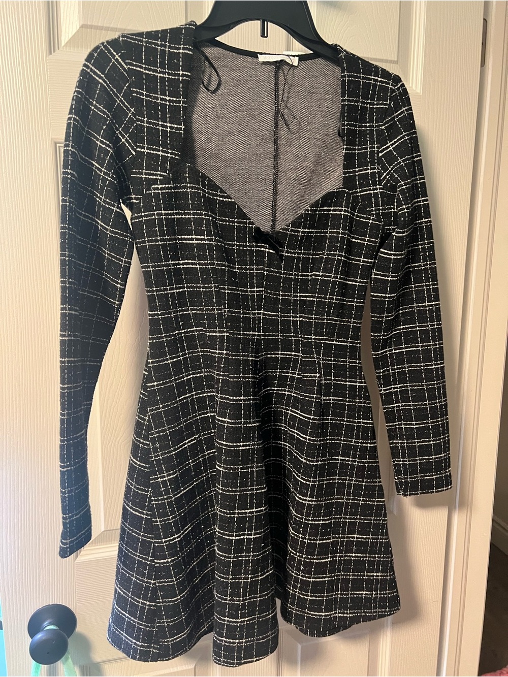 Zara Black and White Plaid Long-Sleeve Fit-and-Flare Dress